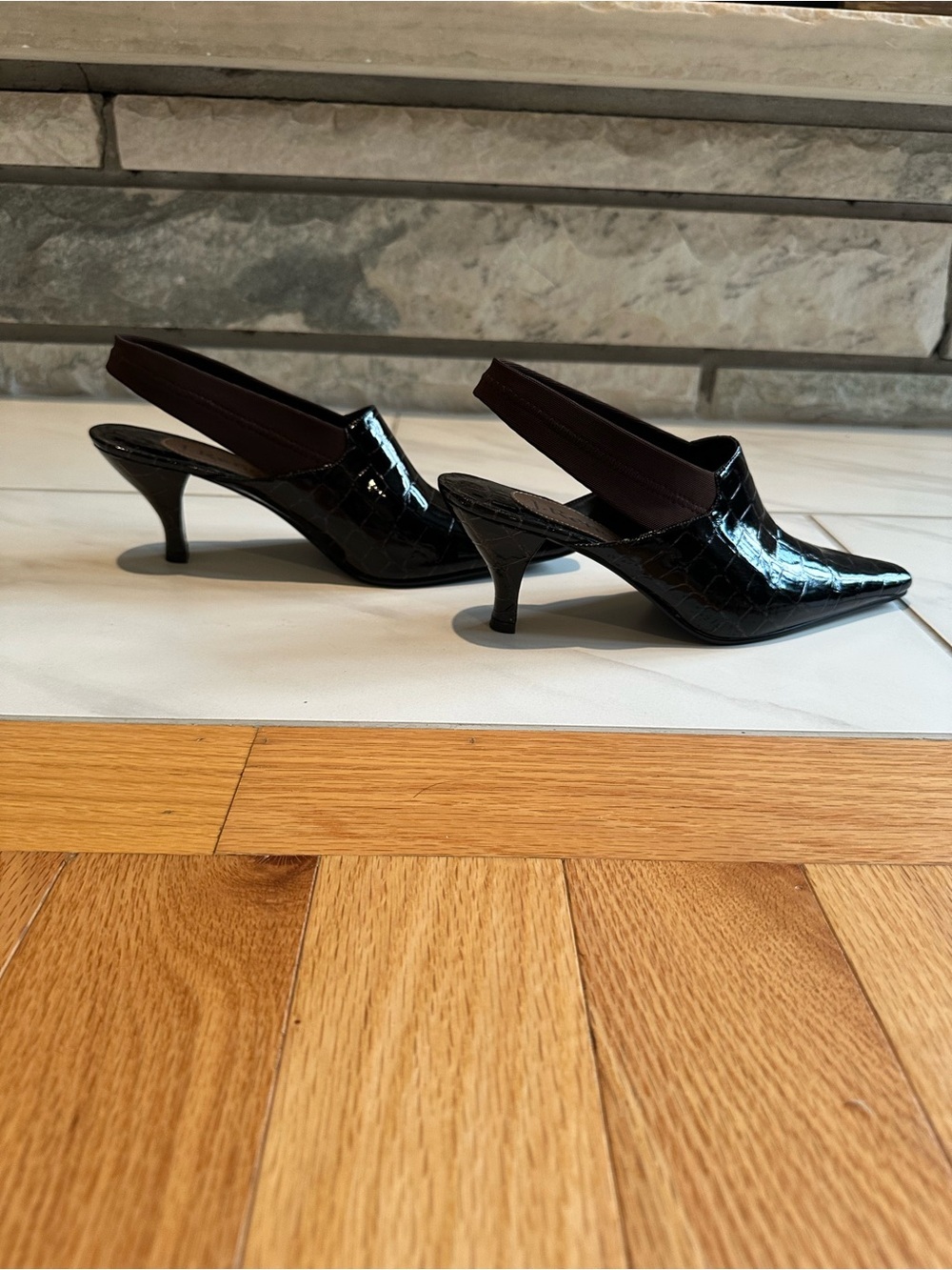 J. Renee Black Mock Croc Embossed Slingback Kitten Heels Mules